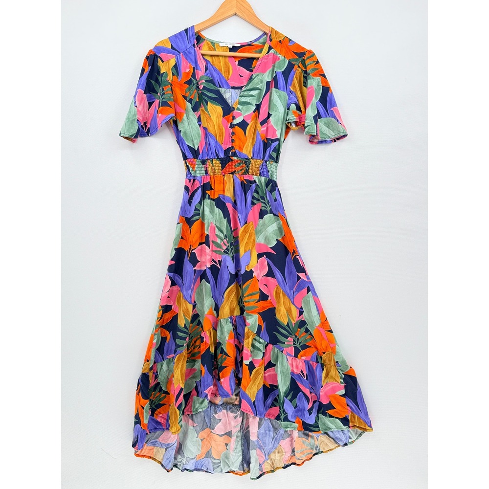 Abel The Label Tropical Midi Dress Womens Small Multi High Low Smocked Boho Leaf